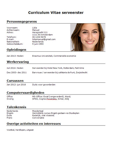 CV Serveerster - Download het Voorbeeld in Word - PerfectCV.nl
