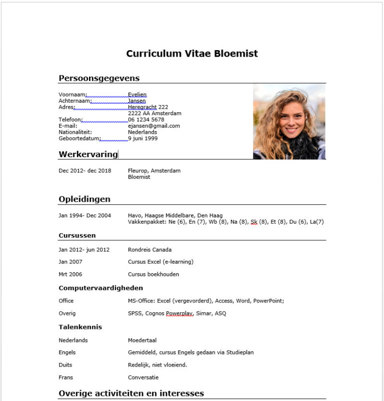 CV voorbeeld Bloemist *2019*  Download Gratis  PerfectCV.nl