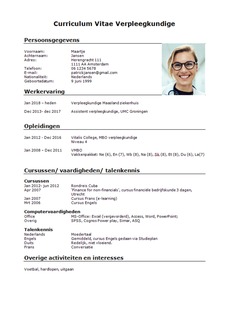 CV voorbeeld Verpleegkundige - Download Gratis - PerfectCV.nl