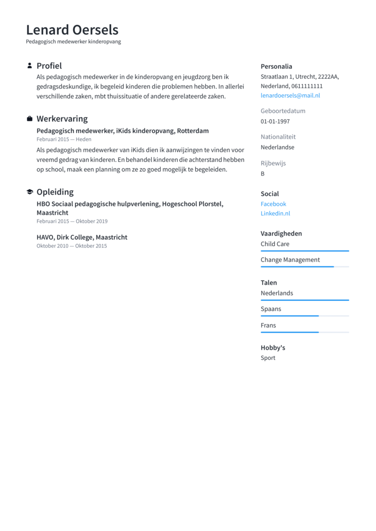 Cv Voorbeeld Pedagogisch Medewerker Kinderopvang - Perfect CV