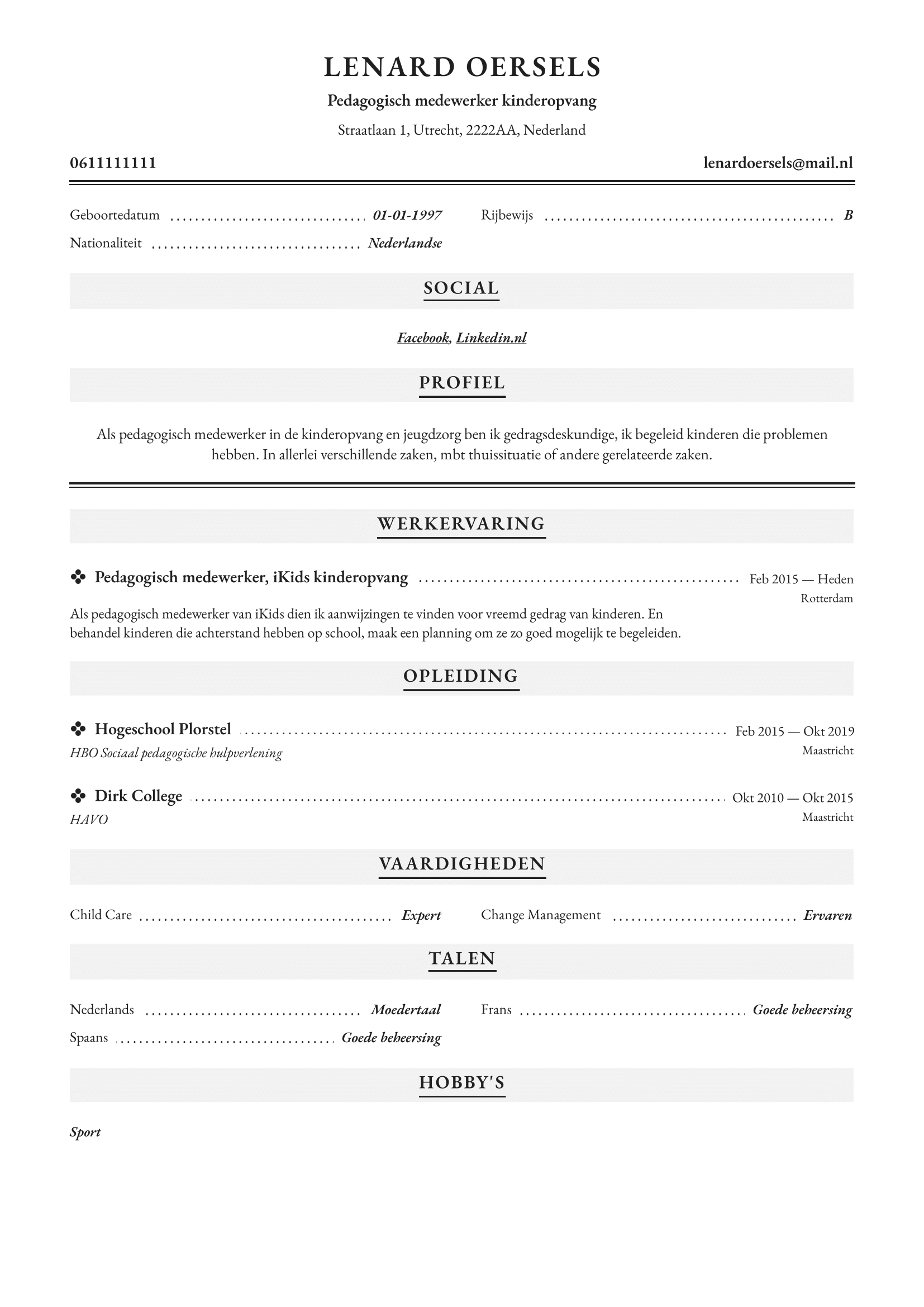 Cv Voorbeeld Pedagogisch Medewerker Kinderopvang - Perfect CV