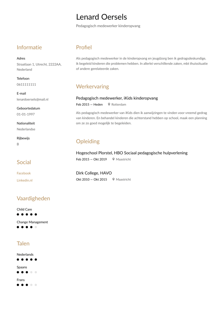 Cv Voorbeeld Pedagogisch Medewerker Kinderopvang - Perfect CV