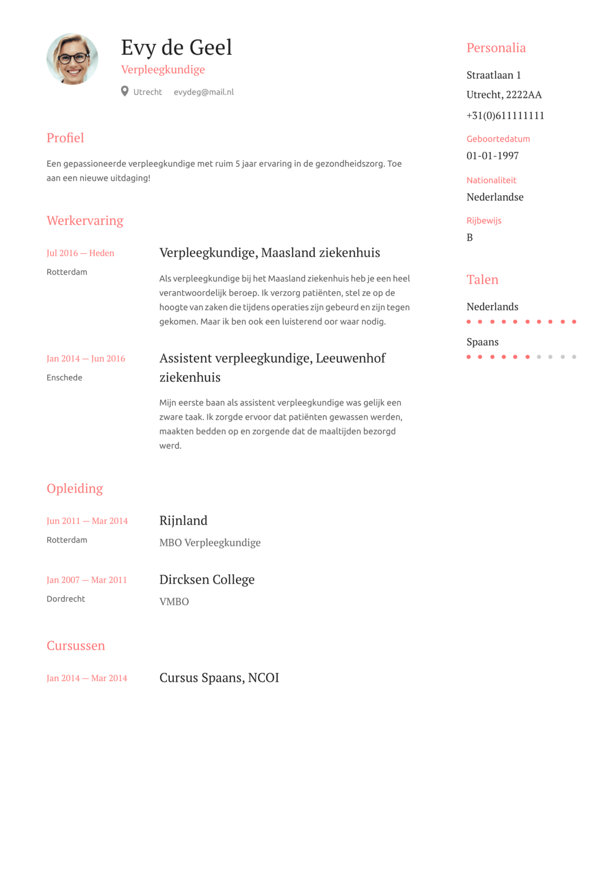 CV Voorbeeld Verpleegkundige - Download Gratis - PerfectCV.nl