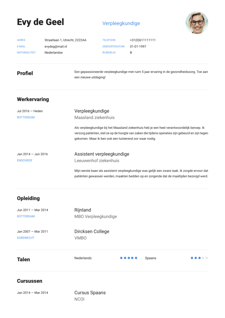 CV voorbeeld Verpleegkundige  Download Gratis  PerfectCV.nl